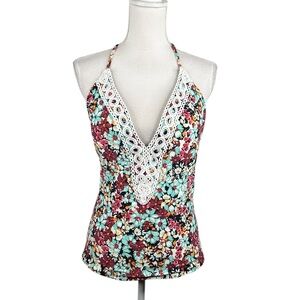Sea Angel Burgundy Green Black Floral Boho Swimsuit Top Size XL New without tags